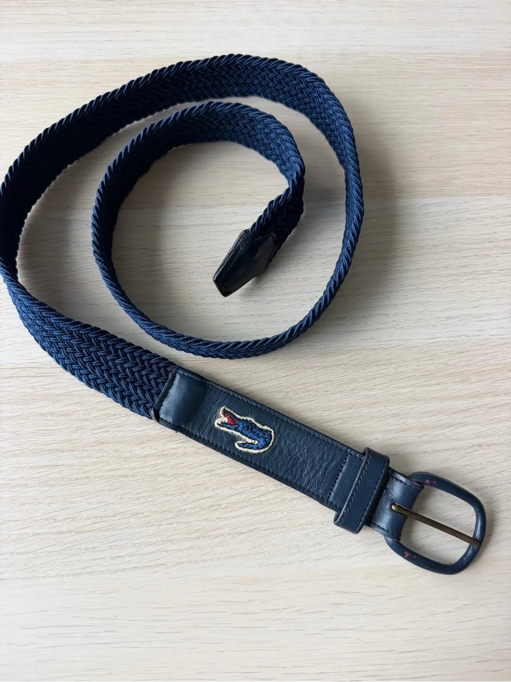 Lacoste Vintage Woven Stretch Belt Navy Leather Trim Brass Buckle Sz 38/95